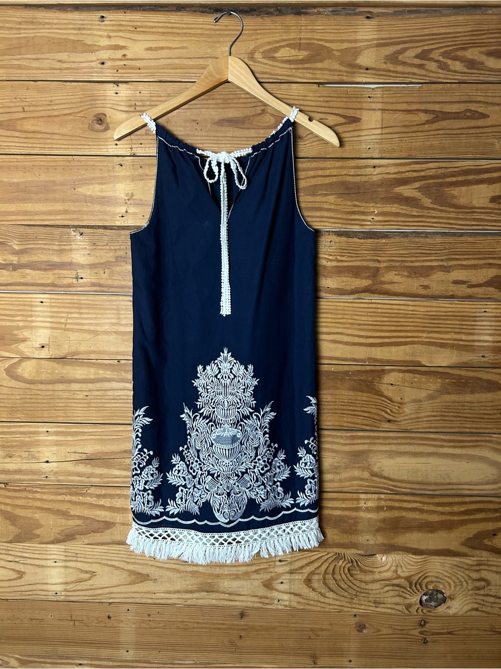 Navy Embroidered Fringe Mini Dress